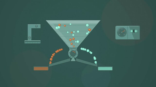 Abstract animated hopper funnel sorting falling grains drawn as cyan and teal lines and shapes on a deep dark background. Seamless looping 4K motion graphics video with free space for text, ideal for 