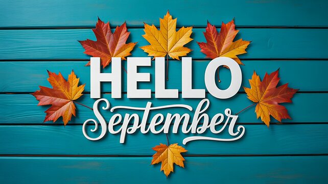 Hello september autumn greeting with colorful fall leaves on wooden background