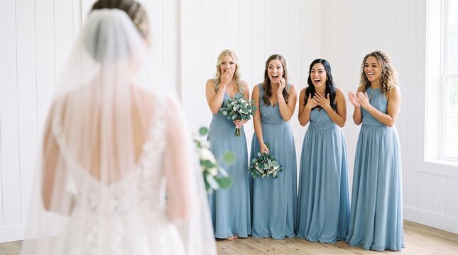 Emotional moment as a beautiful bride reveals her stunning wedding dress to excited bridesmaids