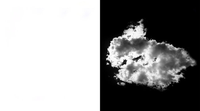 Realistic white cloud alpha channel, isolated fluffy cumulus cloud on black background, sky element for digital compositing and matte painting