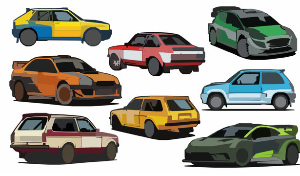 Rally racing car vector collection featuring classic hatchbacks wide body sedans turbo racers and aggressive motorsport vehicle designs