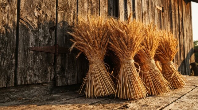 Bundles of golden wheat stalks standing against a rustic wooden barn wall at harvest time on a farm