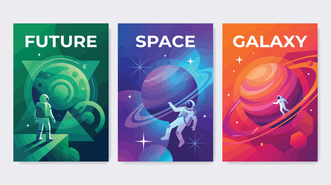 Set of three space vector posters and banners with astronauts, planets, and galaxies in vibrant colorways