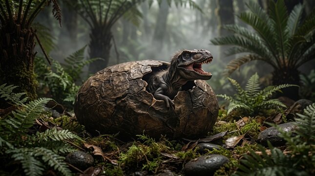 Close-up of a baby dinosaur poking its head and claws out of a cracked stone egg highlighting prehistoric fantasy creatures and ancient egg hatching.