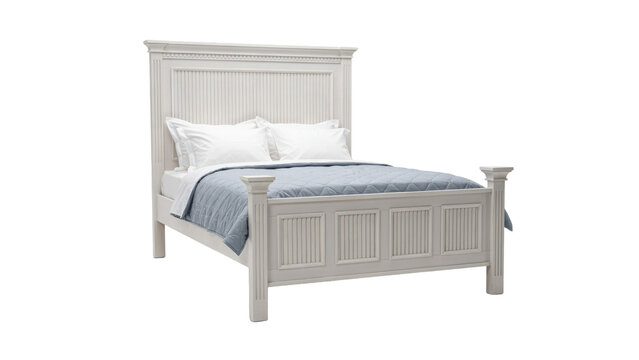 White wooden bed frame with tall headboard and blue quilted bedding isolated on a transparent background