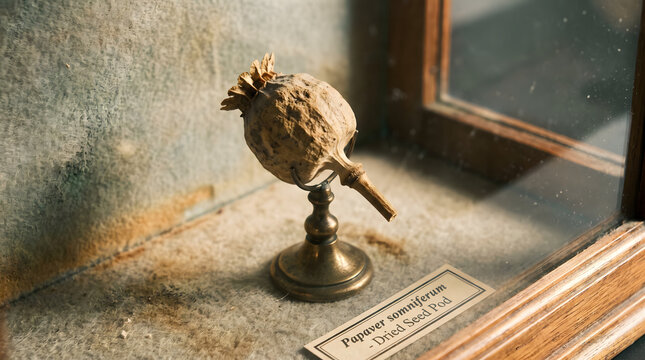 Dried Papaver somniferum poppy seed pod mounted on brass stand in museum specimen display case for dark academia decor