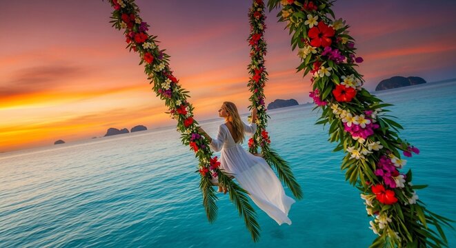 Woman on floral swing over ocean