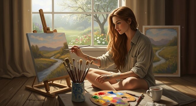 Woman painting landscape artwork
