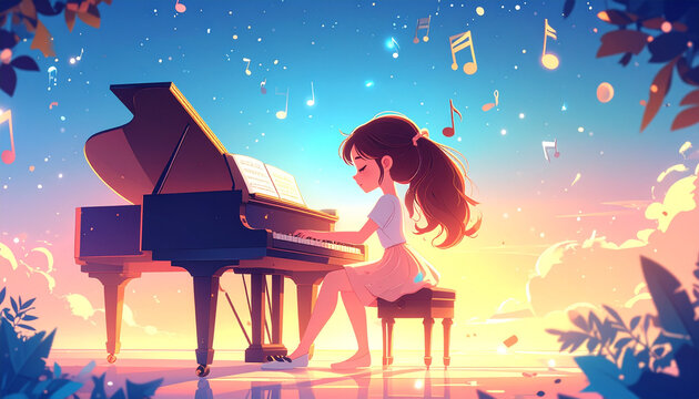 Woman playing piano sunset
