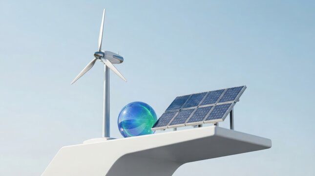 Wind turbine and solar panel with blue glass earth globe representing clean renewable energy sources on a white background