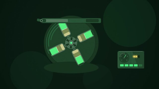 Abstract animated centrifuge spinning tubes into layers drawn as green and teal lines and shapes on a deep dark background. Seamless looping 4K motion graphics video with free space for text, ideal fo