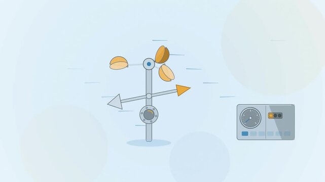 Abstract animated anemometer cups spinning in wind drawn as amber and orange lines and shapes on a bright, clean light background. Seamless looping 4K motion graphics video with free space for text, i
