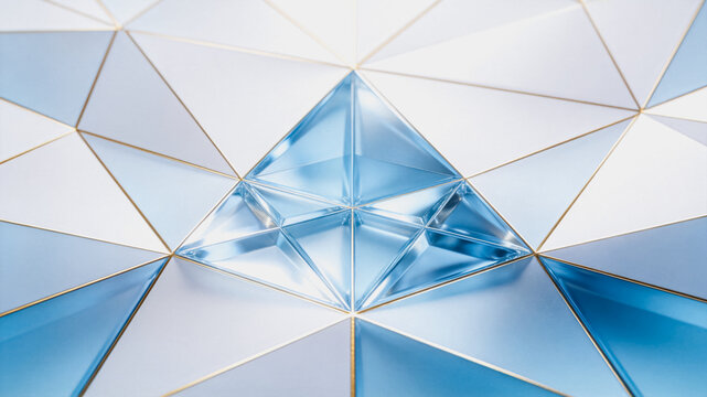 A modern 3D geometric pattern featuring faceted glass and gold-lined triangular panels, creating a sleek abstract design.