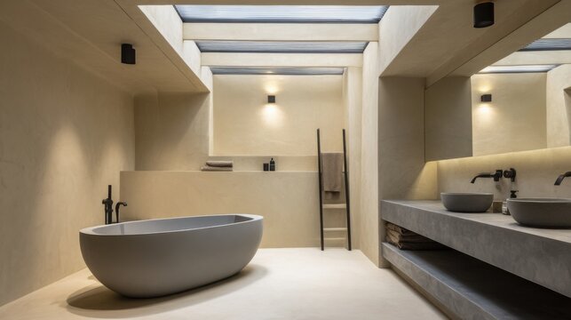 Contemporary luxury bathroom with soft yellow microcement walls combined with cool gray stone surfaces, sculptural freestanding gray bathtub, minimal