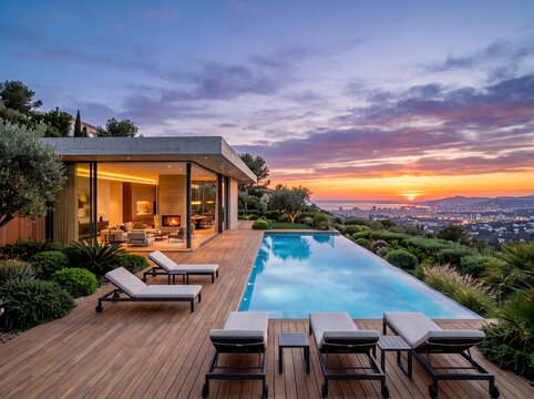 絶景を見渡す高級リゾート住宅と夕焼けに染まるインフィニティプール