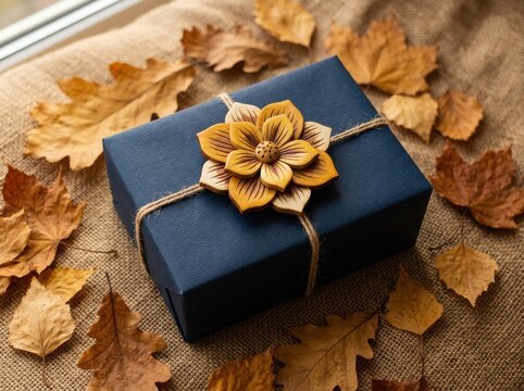 Dark blue gift box decorated with a wooden flower on a background of autumn leaves