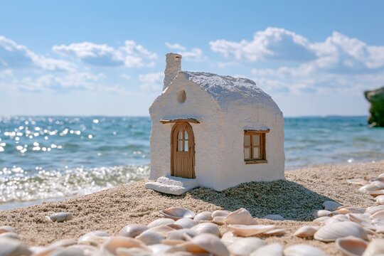 青い海と白い砂浜に佇む理想の白い家模型が描く夢の暮らし