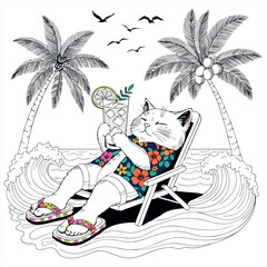 Obraz premium Relaxing Cat on Beach Chair with Tropical Palm Trees and Ocean Waves – Summer Vacation Vector Illustration