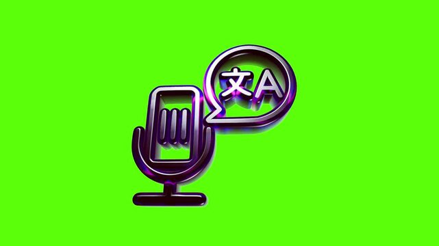 Purple neon microphone icon with a speech bubble for live voice translation and language learning apps