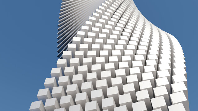 3D abstract twisting tower rendering with white geometric blocks against blue sky. Great background for modern architecture, business presentations, technology sites, and minimalist covers