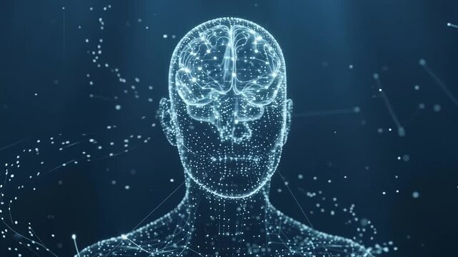 Futuristic human body wireframe digital anatomy visualization glowing blue light abstract science technology concept