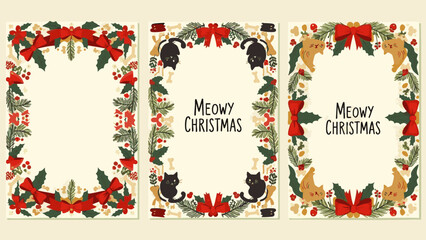 Fototapeta premium Festive Floral Christmas Frame Design with Cats and Holiday Greetings for Cards, Invitations and Seasonal Decor