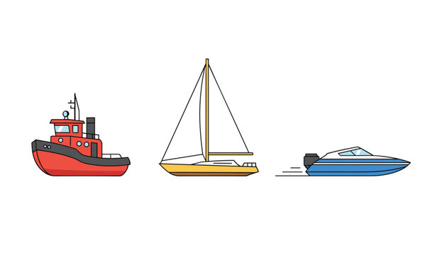 Side view illustrations of three different types of boats including a red tugboat, a yellow sailboat, and a blue speedboat.