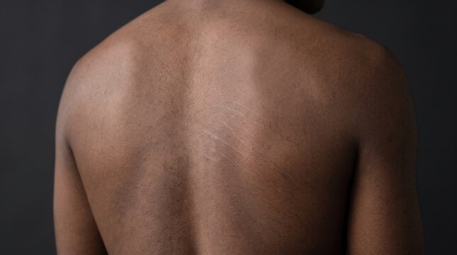 Back view of black man showing visible stretch marks and textured skin on shoulders