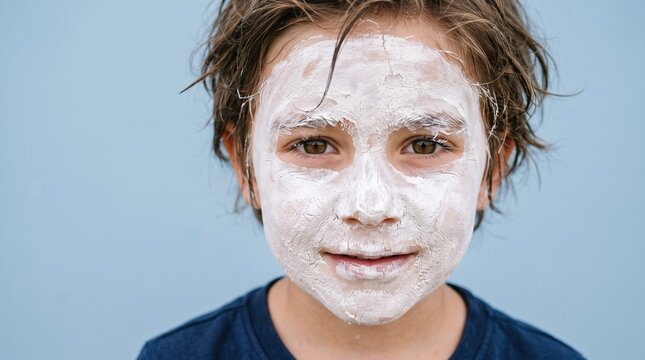 Smiling young boy with white clay facial purifying mask applied all over face