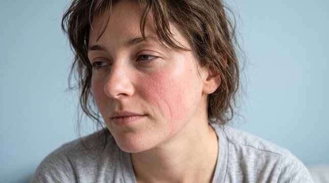 Portrait of young woman with facial skin redness rosacea and allergic dermatitis reaction on cheek