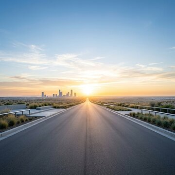 Empty asphalt road leading towards a distant modern city skyline at sunset