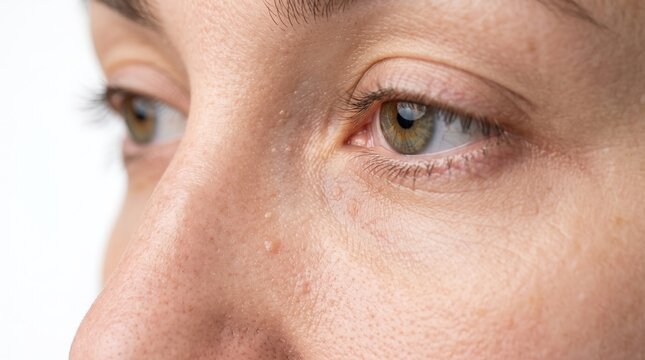 Close up of woman face around eye and nose bridge showing skin tags and milia bumps