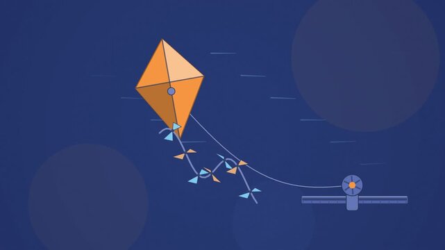 Abstract animated kite tail rippling in wind drawn as blue and cyan lines and shapes on a deep dark background. Seamless looping 4K motion graphics video with free space for text, ideal for title sequ