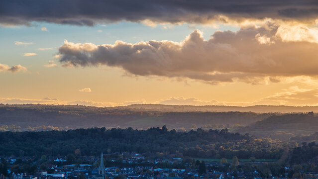 Beautiful Landscape image fo view from Box Hill in Surrey AONB during Autumn sunset