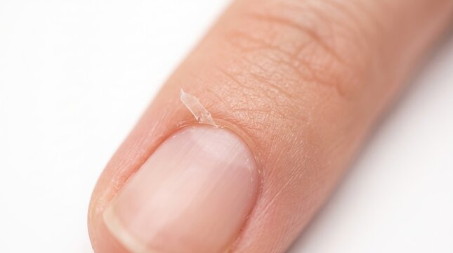 Extreme macro of peeling dry cuticle and hangnail on human finger nail bed