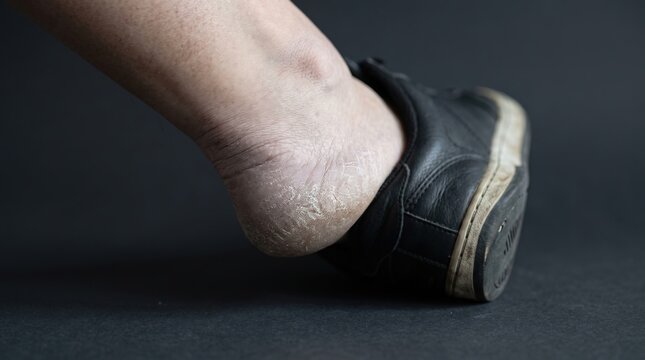 Close up of person foot with severe dry cracked heel and hyperkeratosis in shoe