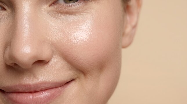 Smiling woman face showing shiny moisturized glass skin and cheek texture