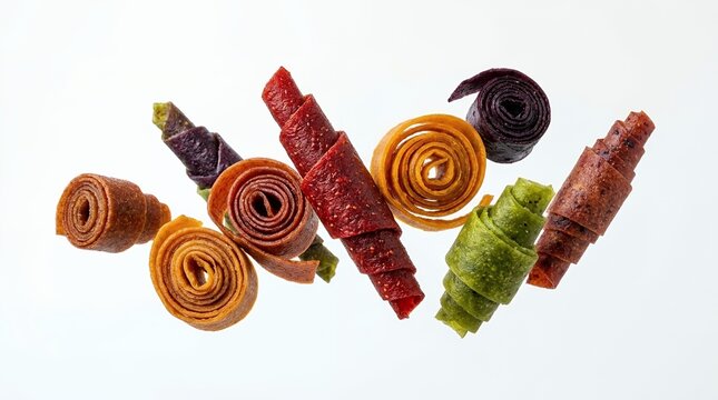 Assorted Colorful Fruit Leather Rolls Isolated on White Background Healthy Organic Snacks Natural Dehydrated Fruit Candy