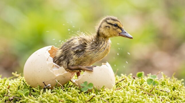 Small newborn duckling emerging from broken eggshell on green moss, highlighting natural wildlife birth and spring lifecycle