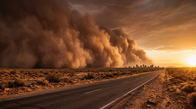 Massive haboob dust storm engulfing desert highway near city skyline at sunset, conveying severe atmospheric disaster and extreme weather
