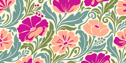 Obraz premium Floral seamless pattern in retro style with vintage flowers and leaves in pink, green, and cream colors