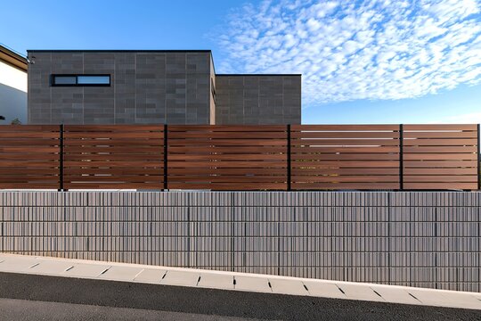 モダンな新築住宅と木目調フェンスが青空に映える外観