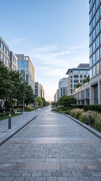 Modern office buildings line a paved walkway with trees and manicured shrubs under a blue sky