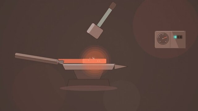 Abstract animated hammer forging glowing steel billet drawn as coral and magenta lines and shapes on a deep dark background. Seamless looping 4K motion graphics video with free space for text, ideal f