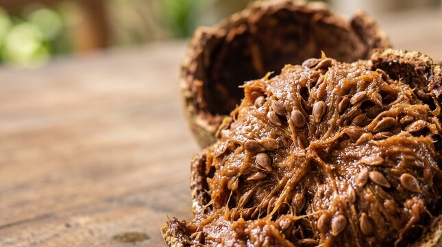 Cracked Wood Apple Showing Sticky Brown Pulp and Seeds on Wooden Table, Macro Food Photography