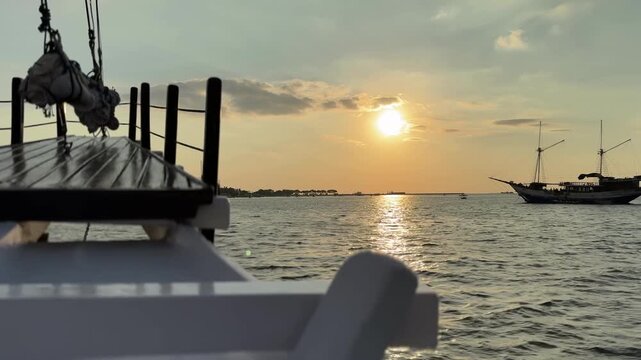Sunset aboard a traditional Indonesia Phinisi boat. Makassar - Celebes