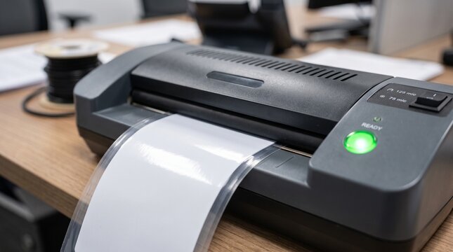 A desktop laminator machine processing a document in an office environment.