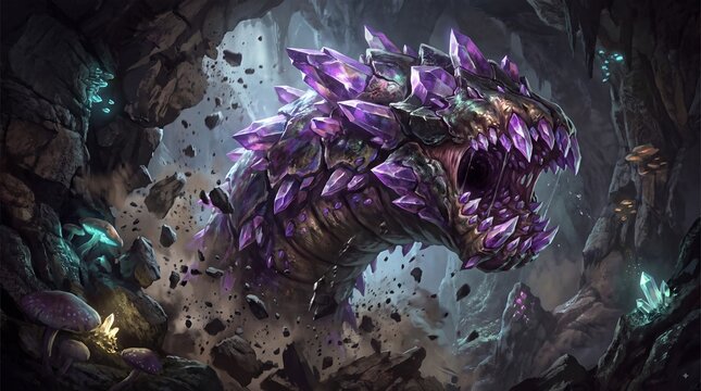 Fantasy Crystal Worm Monster Emerging from Underground Cave