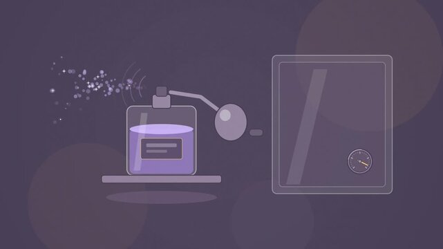Abstract animated perfume atomizer misting fine spray drawn as violet and blue lines and shapes on a deep dark background. Seamless looping 4K motion graphics video with free space for text, ideal for