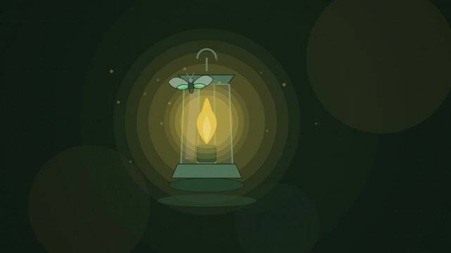 Abstract animated moth circling around lantern flame drawn as yellow and gold lines and shapes on a deep dark background. Seamless looping 4K motion graphics video with free space for text, ideal for 